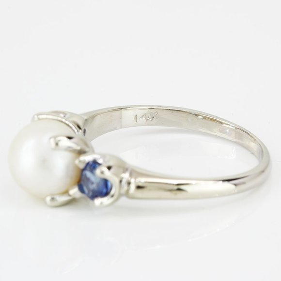 14k White Gold Cultured Pearl & Sapphire Cocktail /Anniversary Ring - Picture 4 of 6